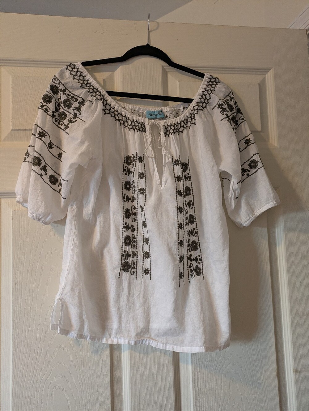 Letarte White & Sage Green Handmade Embroidered Peasant Blouse- M